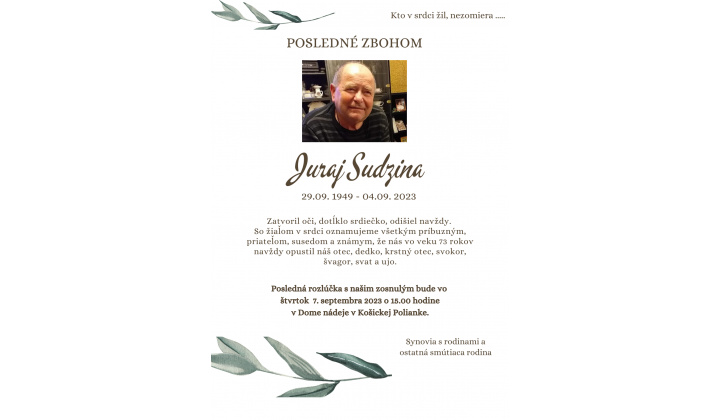 Oznámenie o úmrtí - Juraj Sudzina